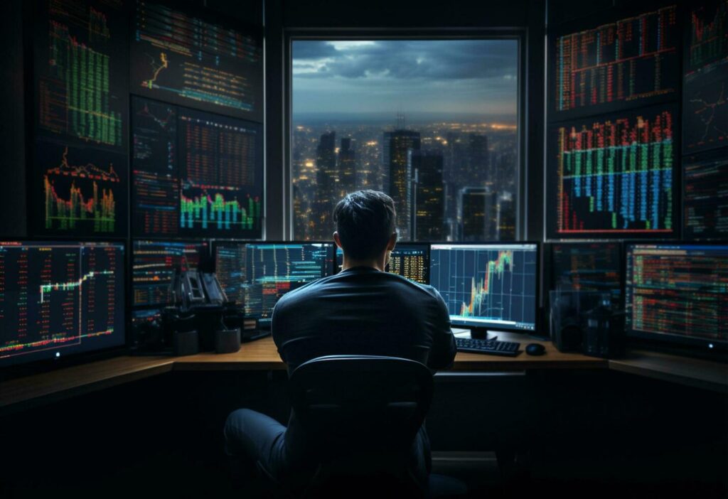 a man sits in a dimly lit room, viewed from behind, with his back to the camera. He is focused on multiple share trade charts glowing on a computer screen, appearing lost in thought as he analyzes the stock market data displayed before him