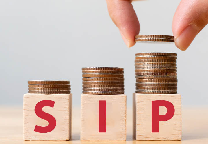 Image of a hand picking coins with three individual heaps of coins below. The top of the image has the text 'SIP', symbolizing the concept of systematic investment and gradual wealth accumulation."